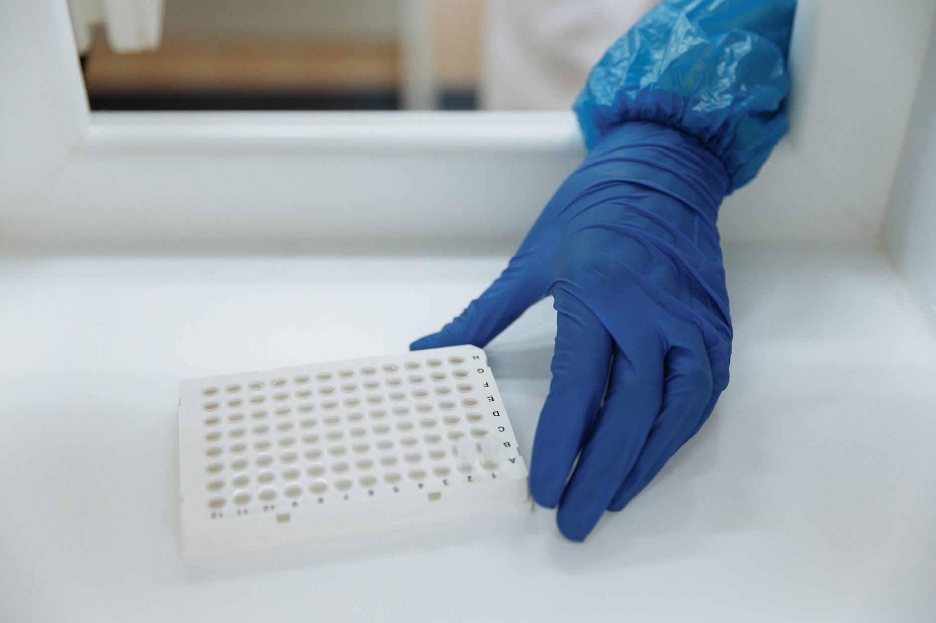 Scientist with protective gloves handling test samples in a sterile laboratory environment.